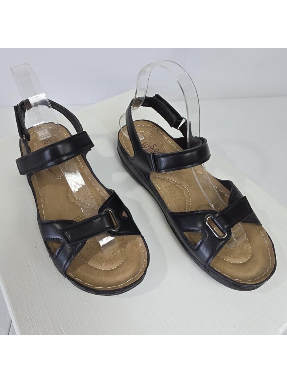 Soft Walker Sandals Womens Size 7.5 Black Slingback Wedge Comfort Shoes